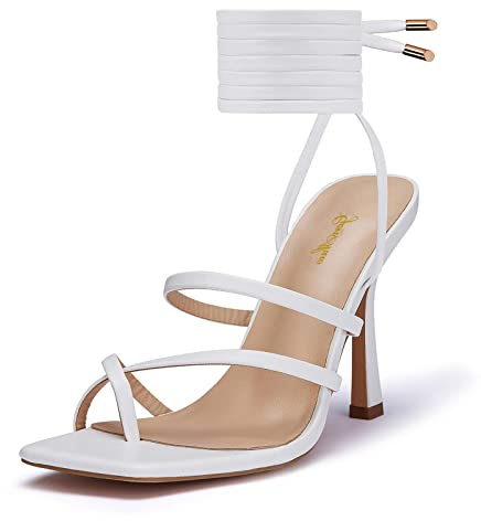 GENSHUO Donna Sandali a Spillo con Lacci, con Anello a Punta, Sexy Sandali con Tacco Alto con Allacciati a Punta Quadrata per Feste di Nozze Stiletto High Heels Bianco 40.5 EU