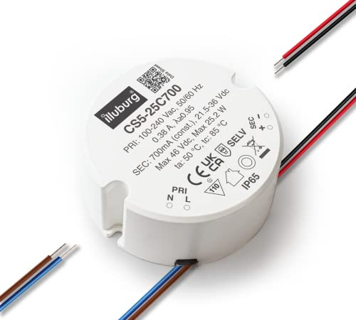 illuburg - Transformador LED impermeable IP65, corriente constante, 6 W, 25 W, LED, fuente de alimentación Driver (700 mA 25 W), color blanco