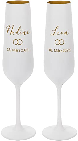 Herz & Heim® Weiße Sektgläser mit Gravur zur Hochzeit Set/Hochzeitsgeschenk personalisiert mit Namen Ringe