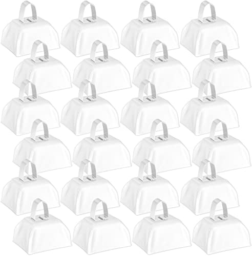 Yeshone 24 Pcs Metal Cowbell with Handle Cow Bells Noise Makers for Sporting Events Small Loud Noisemaker Cow Bell for Wedding Cheering Football Games, 3 x 2.8 x 2.5 Inch(White)