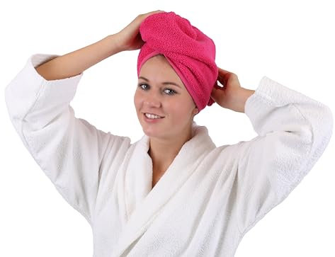 Betz 2 stycken turbanhandduk med knapp, huvudhandduk, hårturban, 100 % bomull, frottékopia, färg fuchsia, storlek 2 stycken