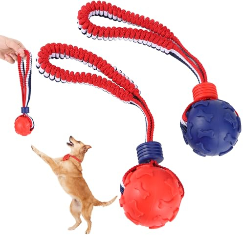 YiliYa Hundeball auf einem Seil, 2 Stück Ø 7cm Interaktiver Naturkautschuk Ball Hund zum Apportieren, Fangen, Werfen und Ziehen des Krieges, 30cm (Blau + Rot)