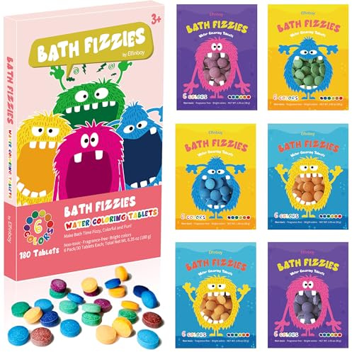 Elfinbay Bath Color Tablets for Kids, 180 Count Colour Changing Bath Fizzies for Kids Boys Girls (6 Pack, 30 Tablets Each), Fizzy Water Coloring Tablet in 6 Bright Colors, Non-Toxic and Fragrance Free