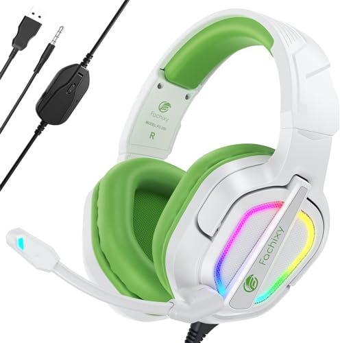 Fachixy FC200 Gaming Headset för PS4, PS5, PC, Xbox, Nintendo Switch, PS4-hörlurar med kabel och RGB-ljus, Stereo Surround-hörlurar med mikrofon, brusreducerande Gamer-hörlurar (VIT GRÖN)