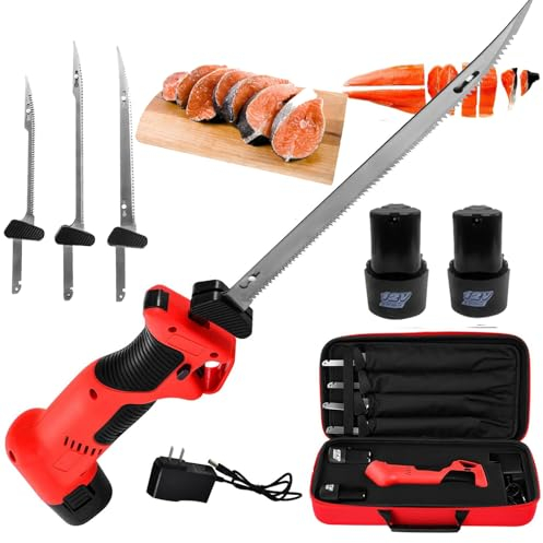 aromaoveite Couteau à Fileter | Couteau à Filet éLectrique Sans Fil Pour Poisson | Couteau à DéSosser Tranchant | Couteau à Poisson à Lame En Acier Inoxydable-2 Piles Liion + Sac à Main,Red