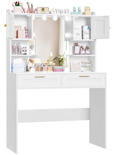FIONESO Schminktisch mit Beleuchtung,Einstellbarer Helligkeit,Frisiertisch mit HD Spiegel und 2 Schubladen,Kosmetiktisch mit 2 Schränken und 2 offene Ablagen, Moderner Kommode, Schlafzimmer, weiß