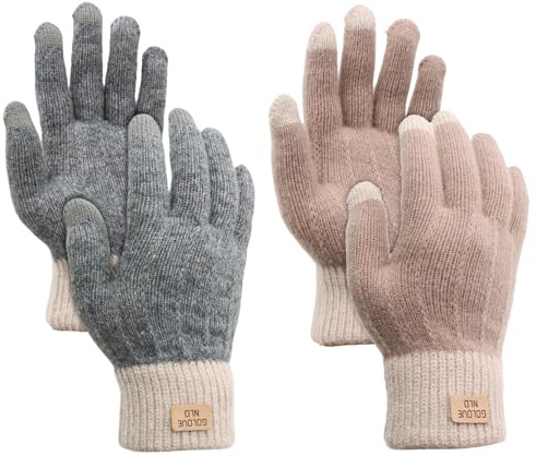 VEGCOO 2 Pairs Women's Apricot+gray Knitted Acrylic Warm Gloves, Touchscreen Thermal Gloves for Women Driving Outdoor Office
