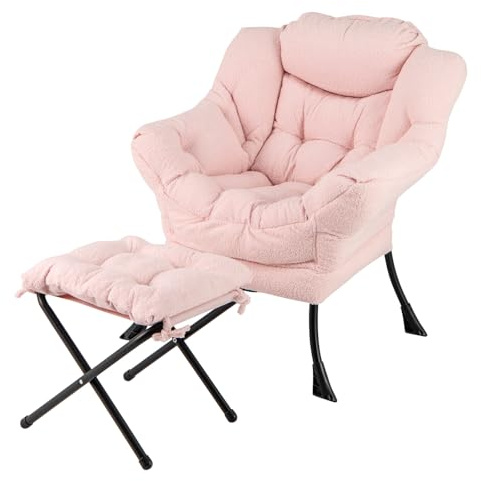 COSTWAY Poltrona Relax con Poggiapiedi, Poltrona da Lettura con Cuscino per Testa, Poltrona Moderna con Schienale e Seduta Imbottiti, Braccioli e Tasca di Stoccaggio, Portata 150 kg (Cashmere Rosa)