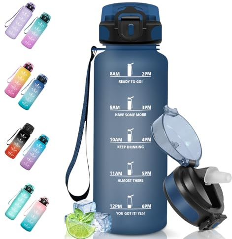 Motswedi Botella Agua, 1500ml Sin BPA, Botella Agua Gimnasio con Pajita, Reutilizable, a Prueba de Fugas, Cantimplora, para Gym, Escuela, Yoga, Camping, Azul Oscuro