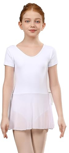 ZYXWVU Elegant klänning för flickor med tyllkjol och body för balett - kortärmad klänning för ballerinor, flickor och barn, Vit, 120
