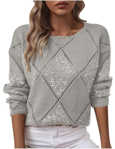Yolimok Ladies Jumpers Sequin Embellished Knit Crew Neck Sweaters Casual Classic Plain Pullover Long Sleeve Jumper Tops Women's Knit Jumpers Crop Top Dressy Office Workwear Daily Wear Sweater S-XXL
