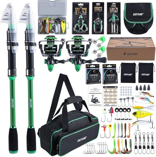 Goture Angelset Komplett mit 2 Teleskop Angelrute 24T Carbon, 2 Spinnrolle mit 9+1 Edelstahlkugellager, Profi Angel Zubehör Set inkl. Angelschnur und Tasche für Forelle, Hecht, Süß- und Salzwasser