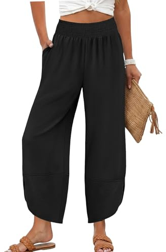 Lepunuo Womens Wide Leg Cropped Pants High Waist Flowy Black Lounge Pant Beach Vacation Summer Outfits 2026 with Pockets Size X-Large