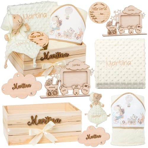 Regalo para Bebé Recién Nacido Niño o Niña | Cesta con Manta, DouDou, Capa de Baño, Nube Decorativa y Marco|Canastilla Embarazo,Bautizo,Hospital y Baby Shower | Nombre en Madera | Olesea (Beige)