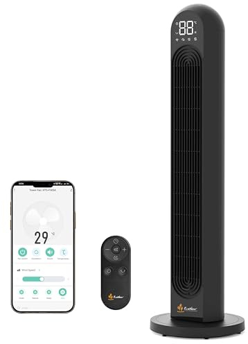 EcoNour Ventilateur Tour Intelligent 42 Pouces, Ventilateur Oscillant Sans Pales Wi-Fi avec Alexa, Google Assistant, 12 Vitesses, 4 Modes, Minuterie 12 h, Télécommande et Écran LED, Noir