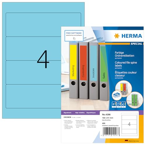 HERMA Self Adhesive Spine Labels, 4 Labels per A4 Sheet, 100 Sheets, 192 x 61 mm, 400 Labels, Blank Lever Arch File Folder Labels Stickers, Sticky Labels for Laser & Inkjet Printer, Blue
