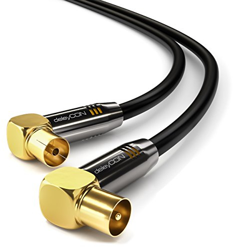 deleyCON 1,5m Cable de Antena TV 4K - 4K Ultra HD Full HD HDTV - 2x Acodado - Cable Coaxial - Conector IEC (90°) a Toma IEC (90°) - Conectores Metálicos - Negro