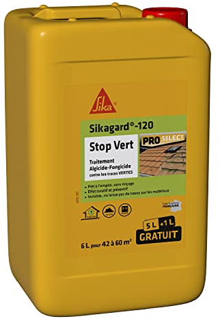 SIKA - Traitement algicide et fongicide - Nettoyant désincrustant - Sikagard 120 Stop Vert - Prêt à l'emploi - Elimine algues et lichens - Mur - Toiture - Terrasse - Façade - Dallage - 6L