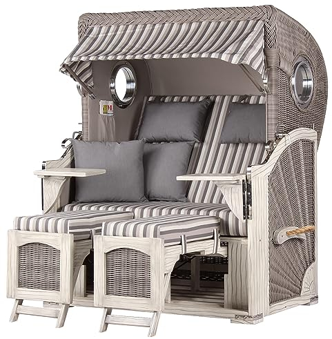 bene living Strandkorb Ammersee Mahagoni Bullauge Washed Grey - PE Koboo Grey - Modell 545