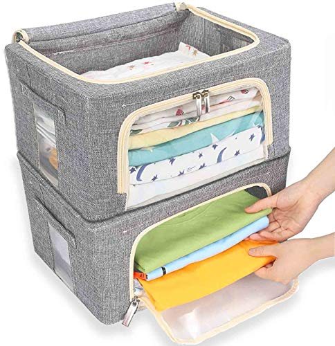 Storage Box with Lid, Foldable Storage Cubes with Metal Frame, Storage Boxes with Clear Window Zippers & Doors, Fabric Storage Bags for Clothes Wardrobe Bedroom(Grey) (22 Liter)