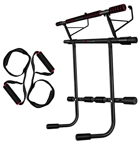 KESSER® 4in1 Premium Klimmzugstange inkl. DIP-Station & Power Ropes, klappbare Türreck, sichere Türrahmen einhängen, Montage zu Hause ohne Schrauben, Pull Up Bar für Crossfit, Rot