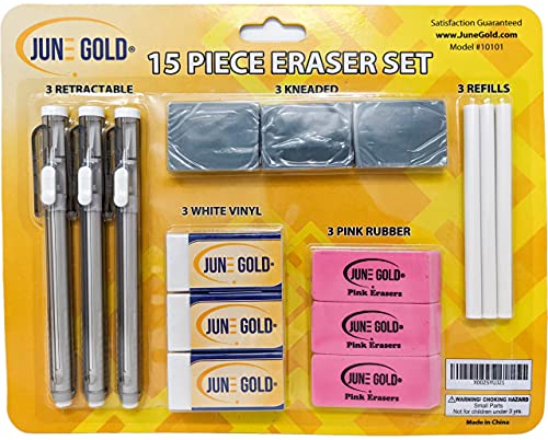 June Gold 15 Piece Art Eraser Set, White, Pink, Kneaded, and Retractable