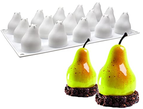 Enkomy 15 moldes de silicona huecos, forma de pera, 3D, diseño de frutas en 3D, molde de silicona para hacer postres, pasteles, chocolate, accesorios para hornear, antiadherentes