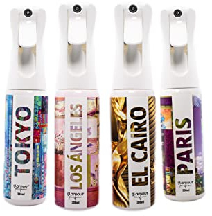 GLAMOUR PARFUM - Pack 4 Ambientadores de Hogar - Fragancia Tokio, Los Ángeles, El Cairo y París - 4 x 300 ml - Pack Great Continents - Ambientadores Textiles en Spray - Reutilizable