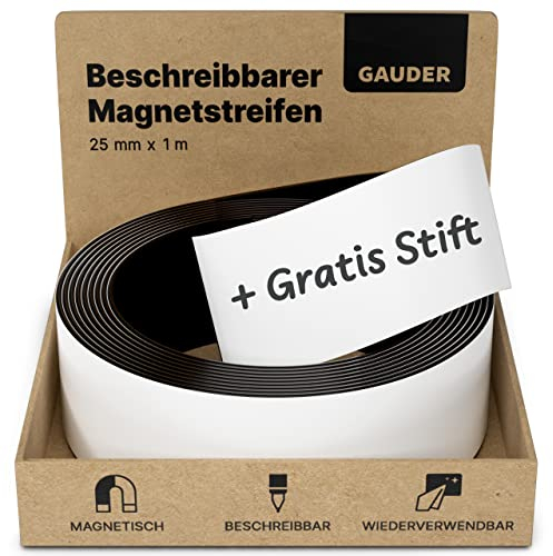 GAUDER Magnetstreifen beschreibbar | Magnetstreifen zum Beschriften | Beschreibbare Magnetstreifen weiß (25 mm x 1 m)