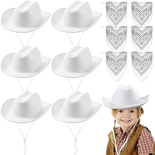 Unittype 12 Pcs Kids Cowboy Hat Set Western Cowgirl Hat and Polyester Bandanas for Boys Girls Cosplay Costume Party Favors(White,Classic)
