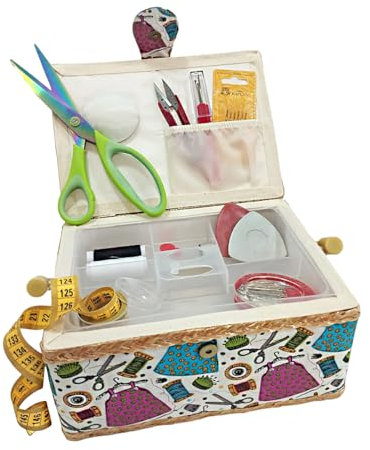 JYC CREATIVE Cucito medio in legno con accessori, scatola da cucito foderata in tessuto con 4 scomparti, organizer con spillo, scatola con maniglia, vassoio per accessori, (Est. Fili, Medio)