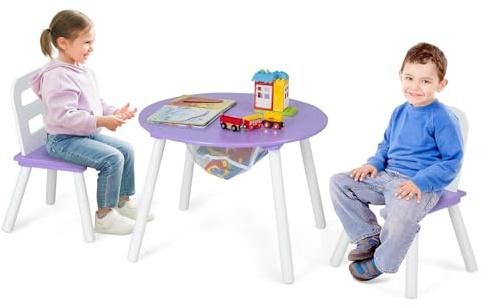 COSTWAY Table Enfant et 2 Chaises avec Sac de Rangment en Maille, Table d'Activités en MDF & Pieds en Pin avec Dossier Ergonomique pour Jouer Lire Manger, Charge 50kg pour 3-7 Ans(Violet)