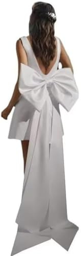 YIANN Robe de mariée à double col en V en satin, ligne A, robe de mariée courte avec nœud, mini robe de bal sans manches, Blanc., 40