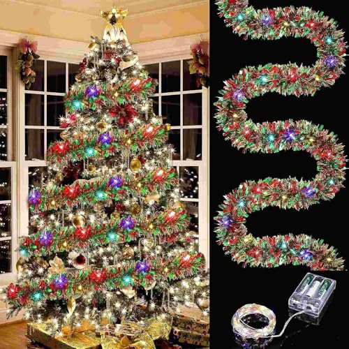 Christmas garland,christmas Stair Garland with lights,5M/16FT Christmas Garland Decorations Illuminated with LED Lights,for Stairs Fireplaces Wall Door Xmas Tree Garden Yard Holiday Decor (5M/16FT)