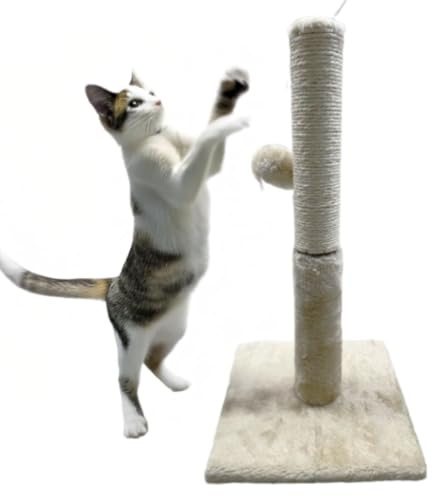 Pets Crew 48cm Cat Scratching Post with Sisal Pole, Plush Base, Pom-Poms | Sturdy Cat Furniture for Scratching, Climbing & Play | Durable Sisal Rope & Soft Plush for Kittens and Cats (Biege)