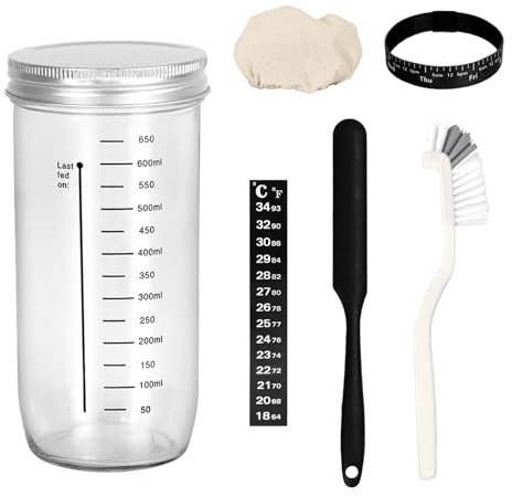 Sourdough Starter Jar Kit Lid Set, Sourdough Starter Jar 650ml, with Date Feeding Band,Thermometer,Cloth Cover&Metal Lid&cleaning brush, Reusable Sourdough Bread Baking Supplies, Home Baking Supplies