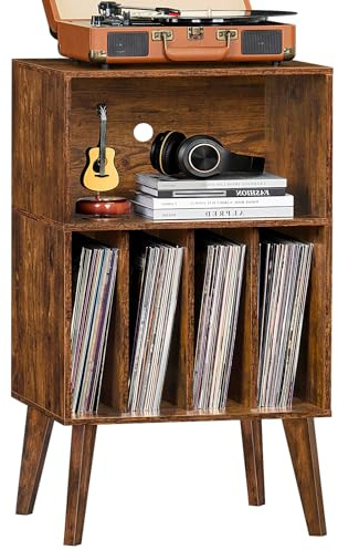 LELELINKY Support pour Tourne-Disque, Peut contenir jusqu'à 160 Albums, Support de Rangement en Vinyle Mid-Century avec Pieds en Bois, Marron
