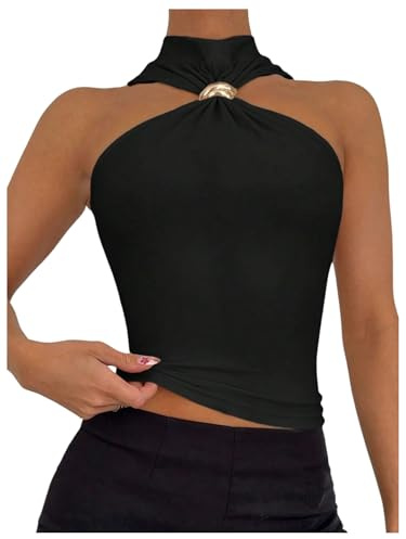GORGLITTER Women's Halter Neck Tops Metal Decor Mock Turtle Neck Ruched Sleeveless Slim Fit Elegant Top Black Small