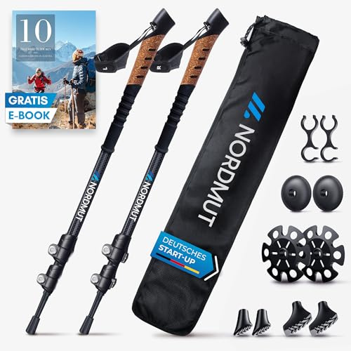 NORDMUT® Nordic Walking Stöcke Damen und Herren | Wanderstöcke Teleskop | Ultraleichte Trekkingstöcke [mit Gummipuffer-Set] verstellbar mit Echt Kork Griff (Nordic Walking Carbon)