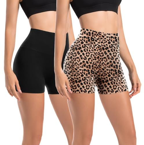 Leafigure Lot de 2 Shorts de Cyclisme Femme Taille Haute Noir/Léopard SM