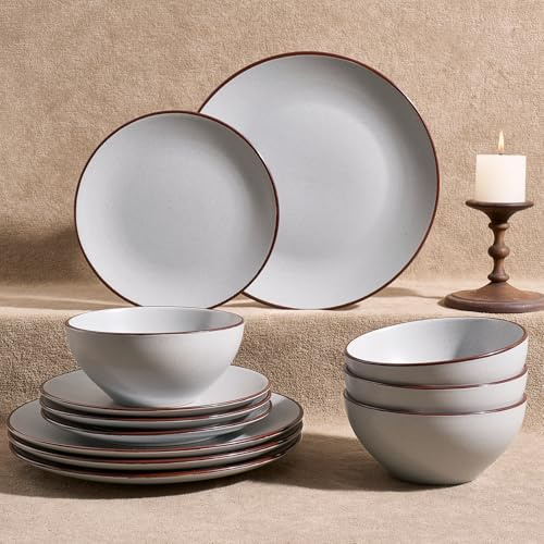 Richmount Venus Plates and Bowls Sets, Speckled 12-Piece Plate Set, Stoneware Dinner Set for 4 with Dinner Plates, Dessert Plates, Cereal Bowls, Microwave & Dishwasher Safe, Light Gray