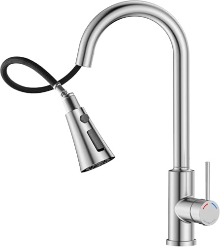 SREWOHS PRO Rubinetto Cucina a Molla con Doccetta Estraibile, Miscelatore Cucina Acciaio Inox Spazzolato, Becco Alto Girevole 360°, 4 Modalità di Getto, Rubinetteria per Lavello 1 Foro (38,6 cm)