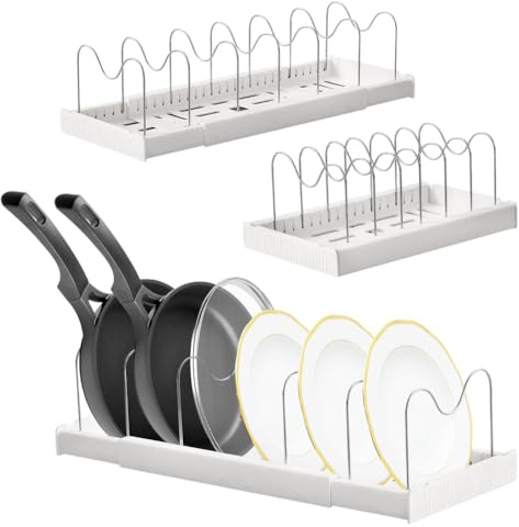 CEWROM Supporto per coperchio della pentola, supporto per pentole regolabile, organizer per coperchio da cucina con 9 divisori regolabili, 32-57 cm, colore bianco