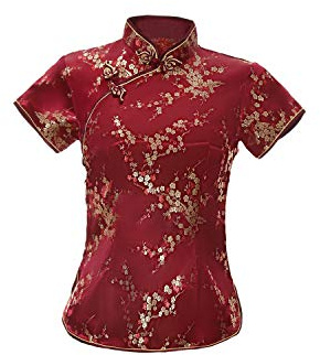ACVIP Top de Qipao de Brocado con Flores de Ciruela para Mujer, Blusa China de Manga Corta con Cuello de Pie, granate, 44