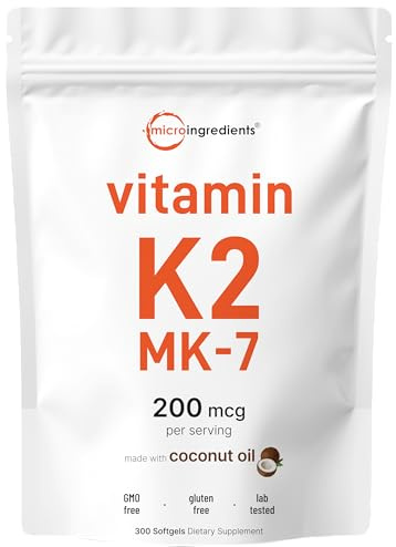 Micro Ingredients Vitamin K2 MK-7 200 mcg Per Serving, 300 Coconut Oil Softgels | K2 Vitamin Supplement with Coconut Oil | Non-GMO