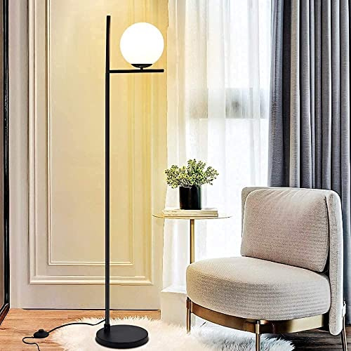 Depuley - Lampada a stelo a LED con attacco E27, luce bianca calda, stile moderno, con sfera in vetro bianco e interruttore a pedale, 3000 K, protezione per gli occhi, sala da pranzo, hotel