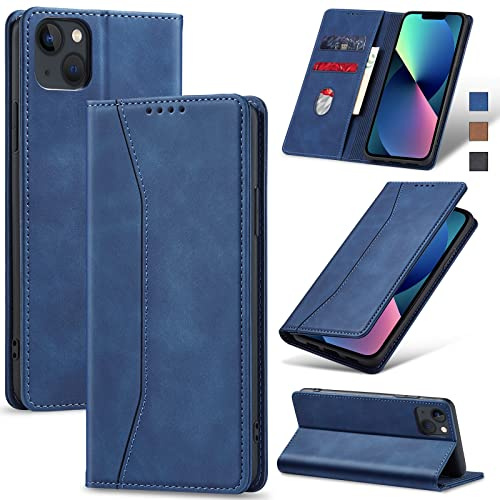 Jasonyu Skal för iPhone 13, Wallet PU Läder Fodral, Blå | Flippfodral, Magnetisk,Vikbart Skyddande,Stativfunktion,Kortfack, Stötsäker TPU