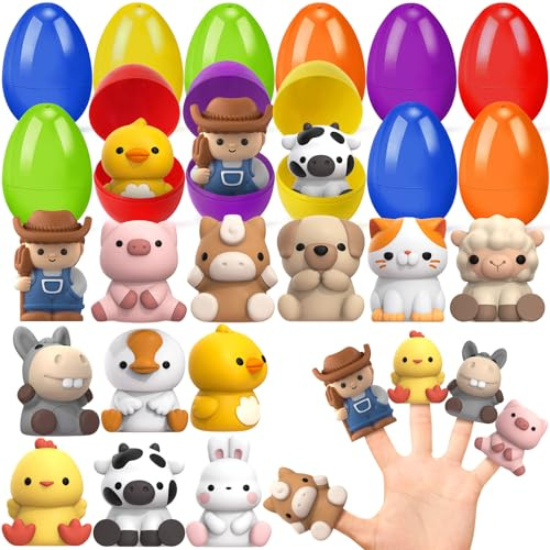 AuroTops 12 PCS Easter Eggs with Finger Puppets, Easter Basket Stuffers with Toys inside for Hunt Easter Goodie Bag Fillers Classroom Prize Rewards, Easter Party Favors for Kids Boys Girls