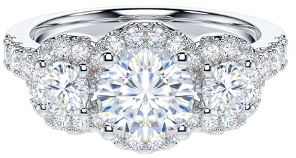 THELANDA Simulated Diamond Sterling Silver Main Stone 1CT Round Brilliant Cut Three Stone Halo Promise Ring Engagement Ring For Her (7)