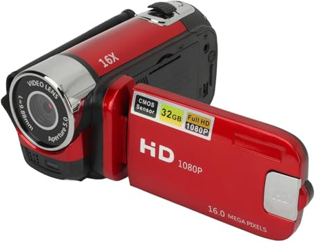 Fockety D90 1080P 16X digital zoom videokamera, videokamera, 2,4 tums LCD-skärm 16 MP digital kamerainspelare 32 GB vloggkamera med fylllampa, HD-videoinspelning Handycam videokamera (röd)